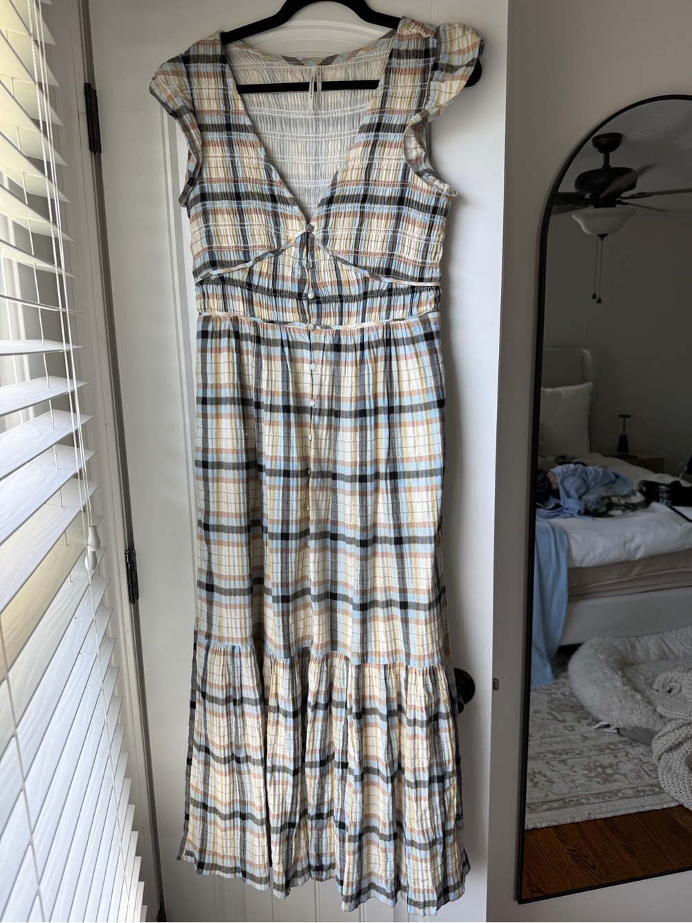 Anthropologie Plaid Maxi Dress in Cream, Yellow and Blue